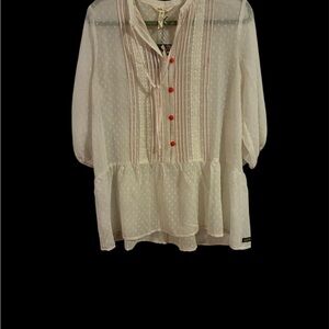 Matilda Jane Peplum Bottom Sheer Cream Blouse Top with Orange Accents NWT